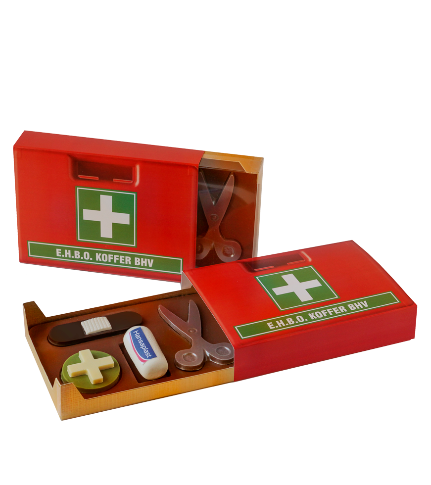 chocolade-EHBO-koffertje-op-maat-logo EHBO koffer van chocolade geschenk medisch zorg